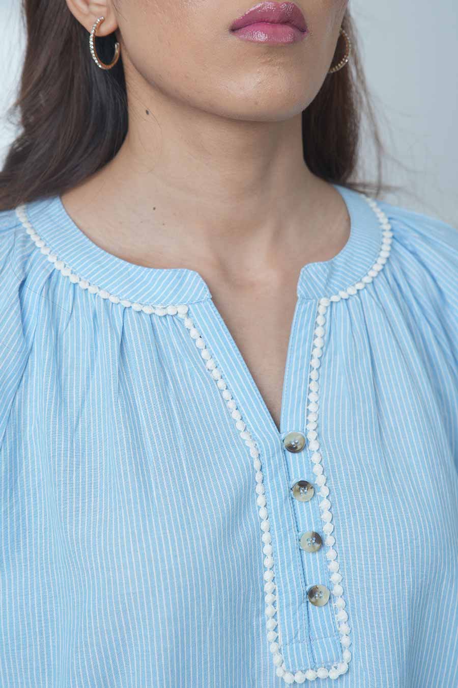 Blue Gathered Neck Top