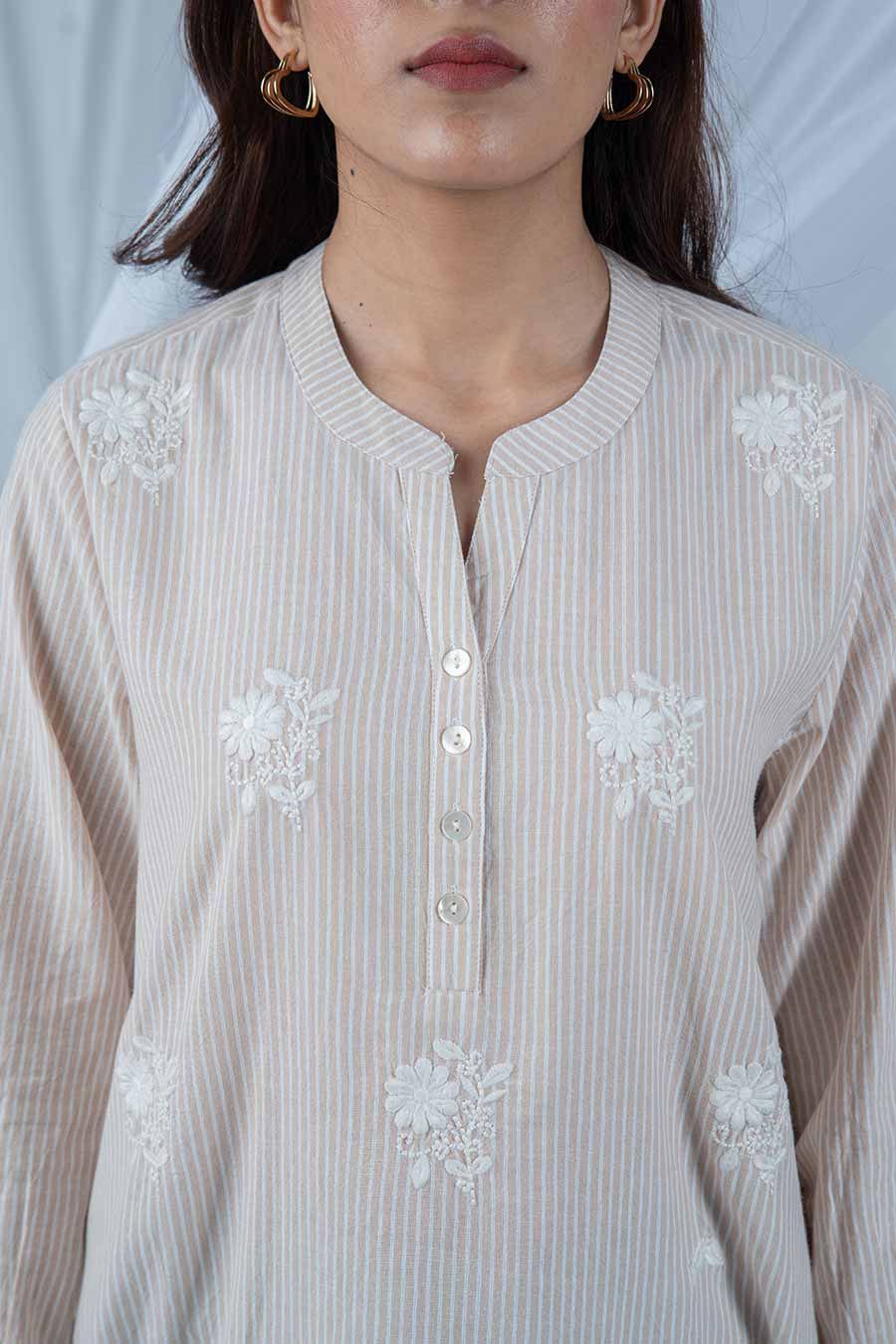 Beige Floral Embroidered Striped Top