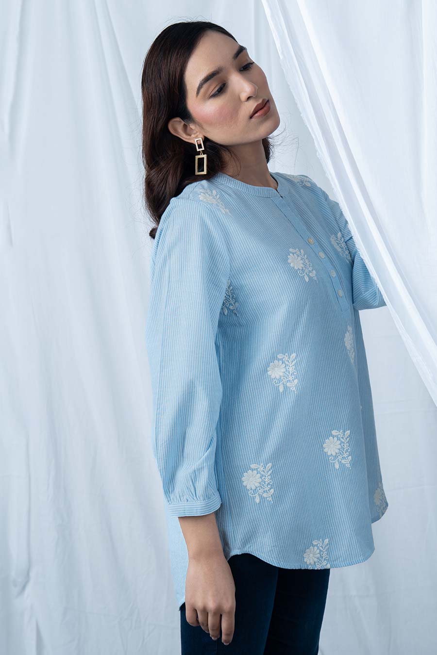 Blue Floral Embroidered Striped Top