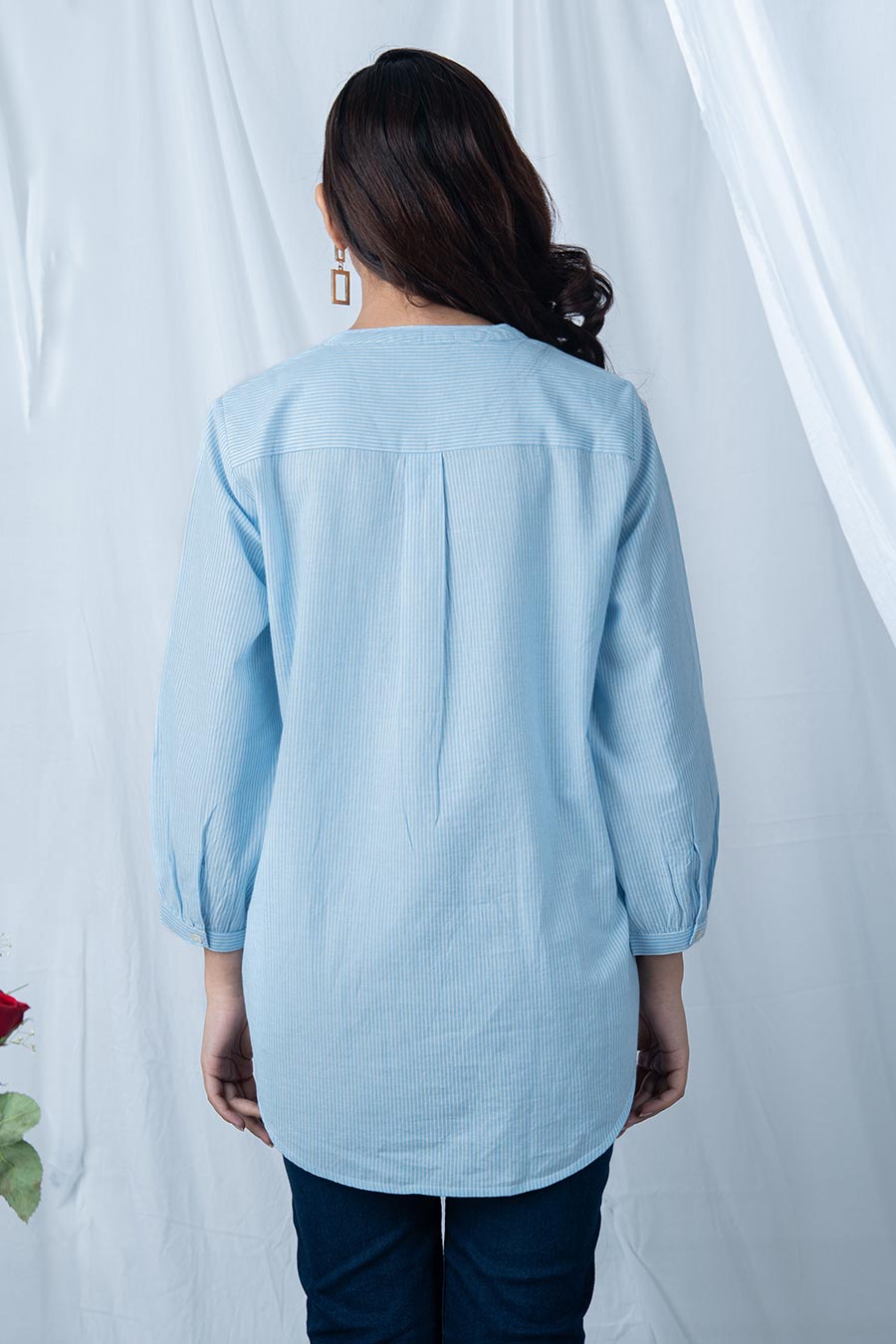 Blue Floral Embroidered Striped Top