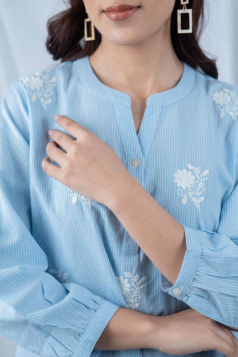 Blue Floral Embroidered Striped Top