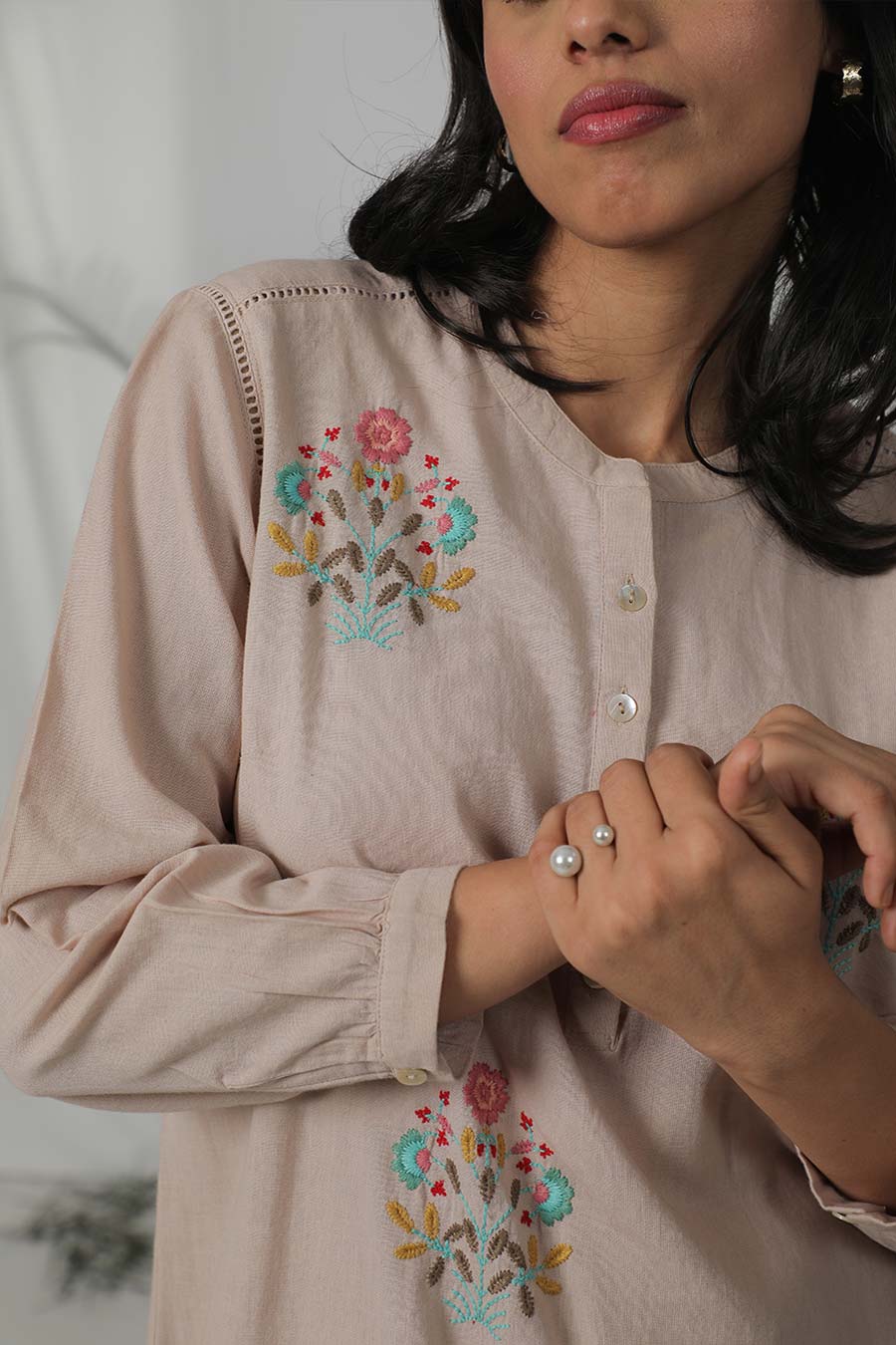 Beige Embroidered Top & Pant Co-Ord Set