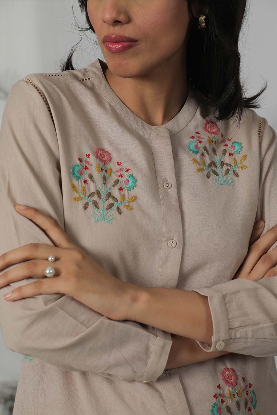 Beige Embroidered Tunic & Pant Co-Ord Set