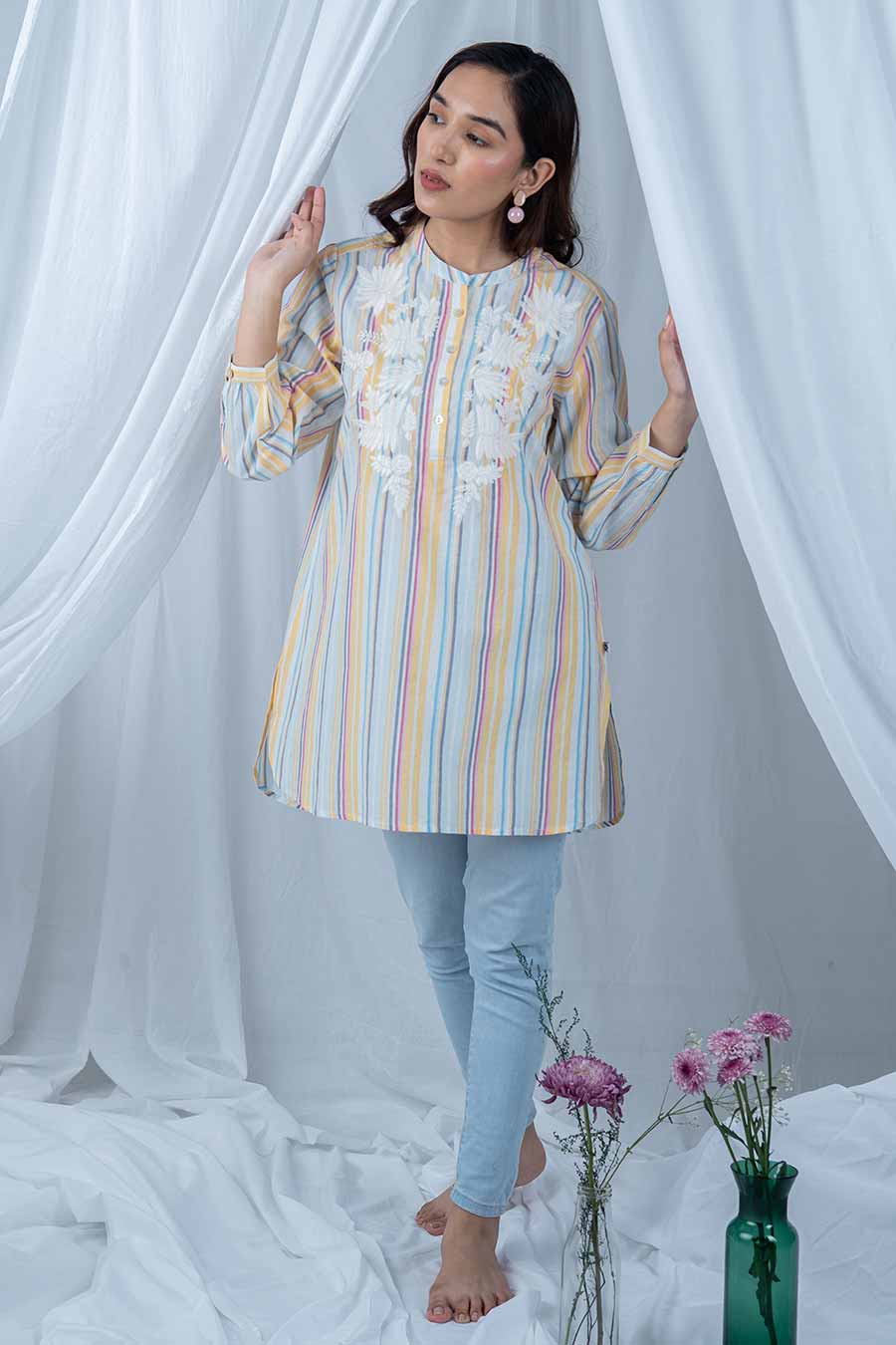 Yellow Embroidered Striped Tunic