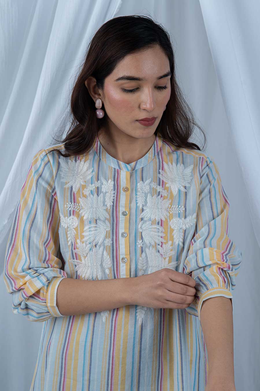 Yellow Embroidered Striped Tunic