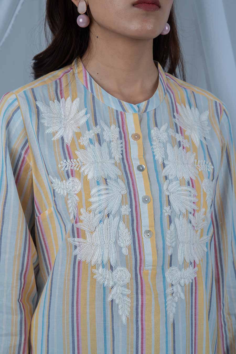 Yellow Embroidered Striped Tunic