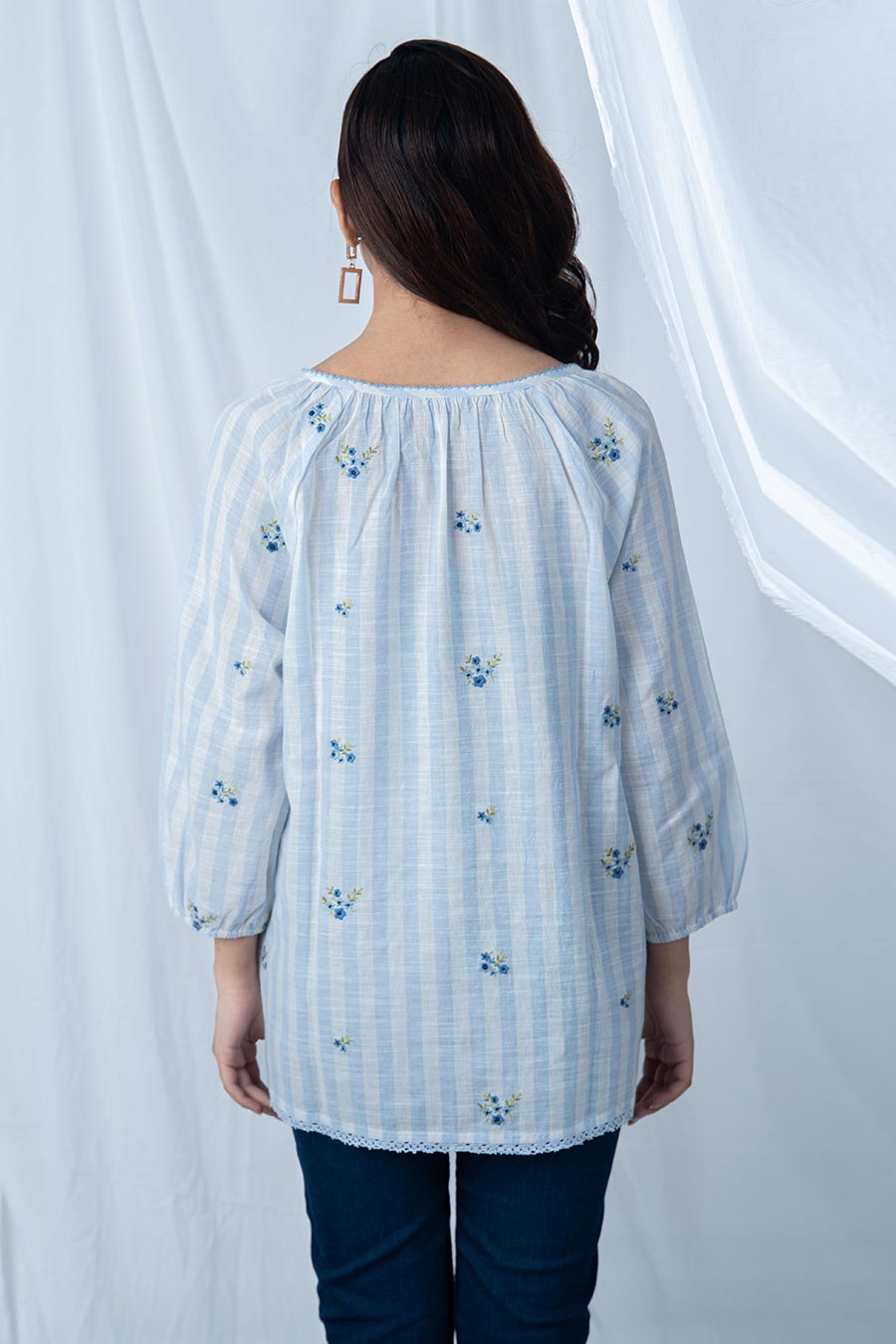 Blue Floral Motif Embroidered Top