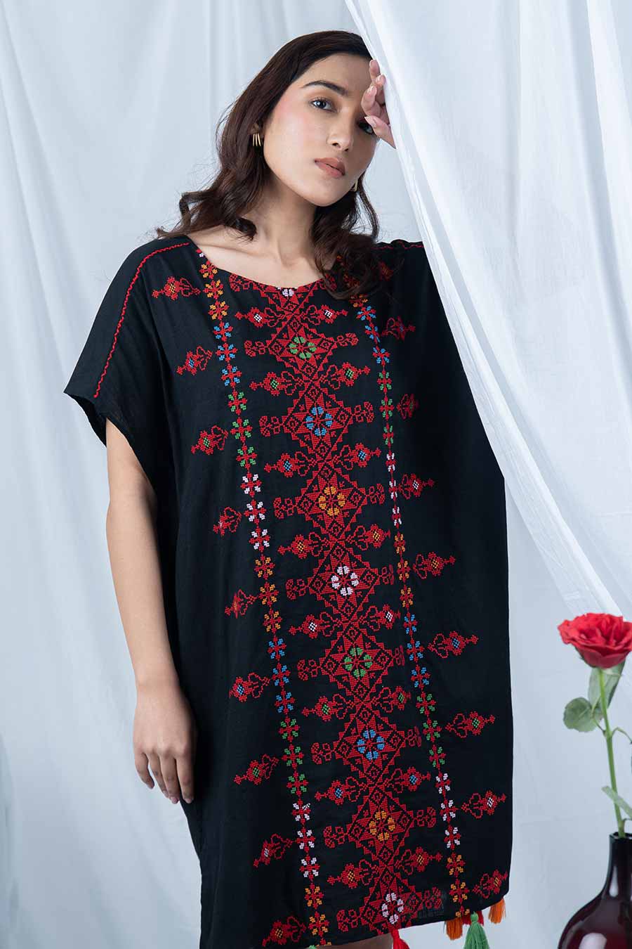 Black Embroidered Short Kaftan Dress