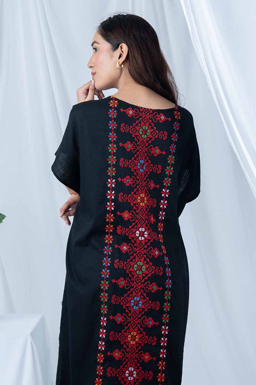 Black Embroidered Short Kaftan Dress