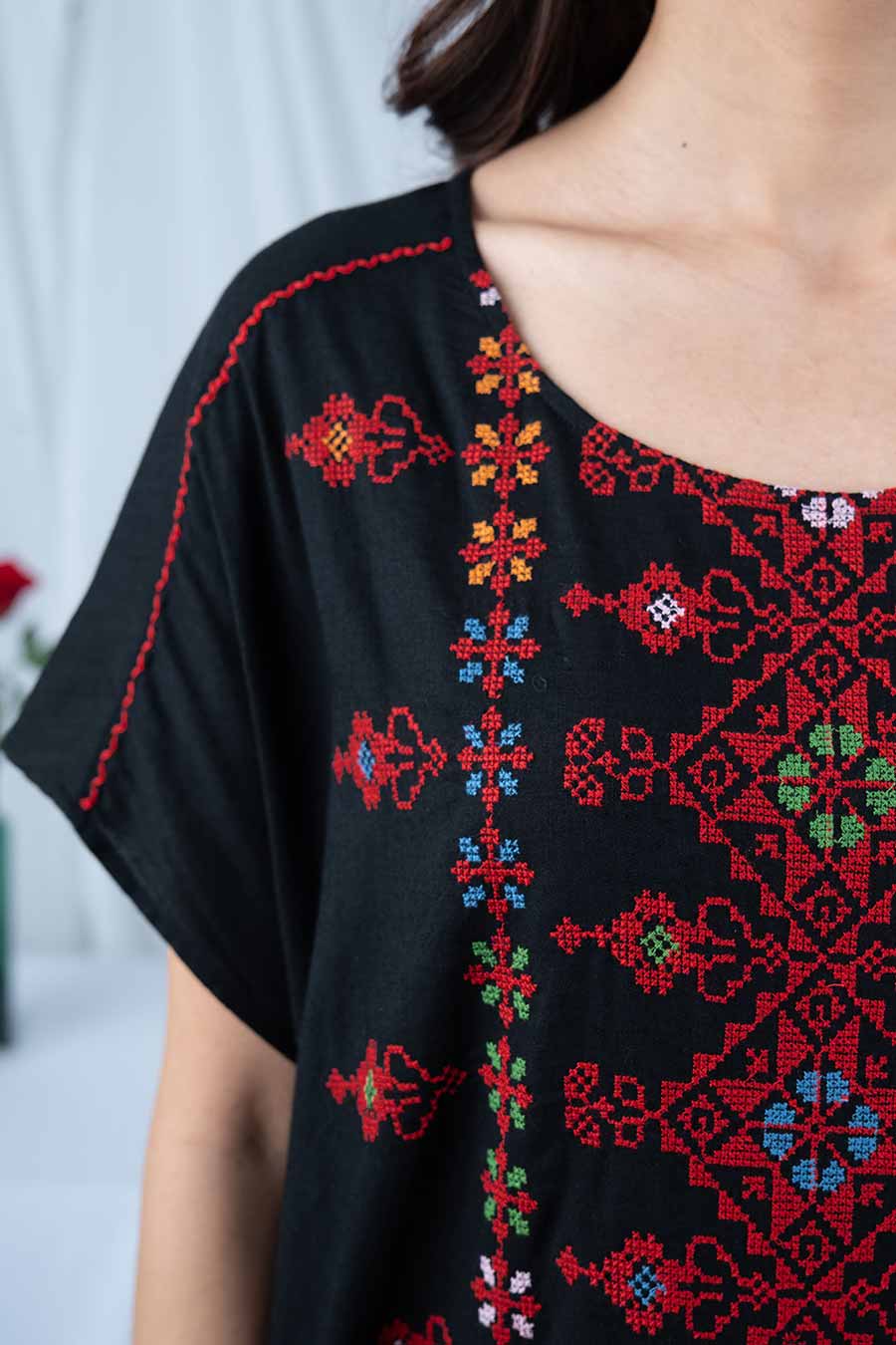 Black Embroidered Short Kaftan Dress