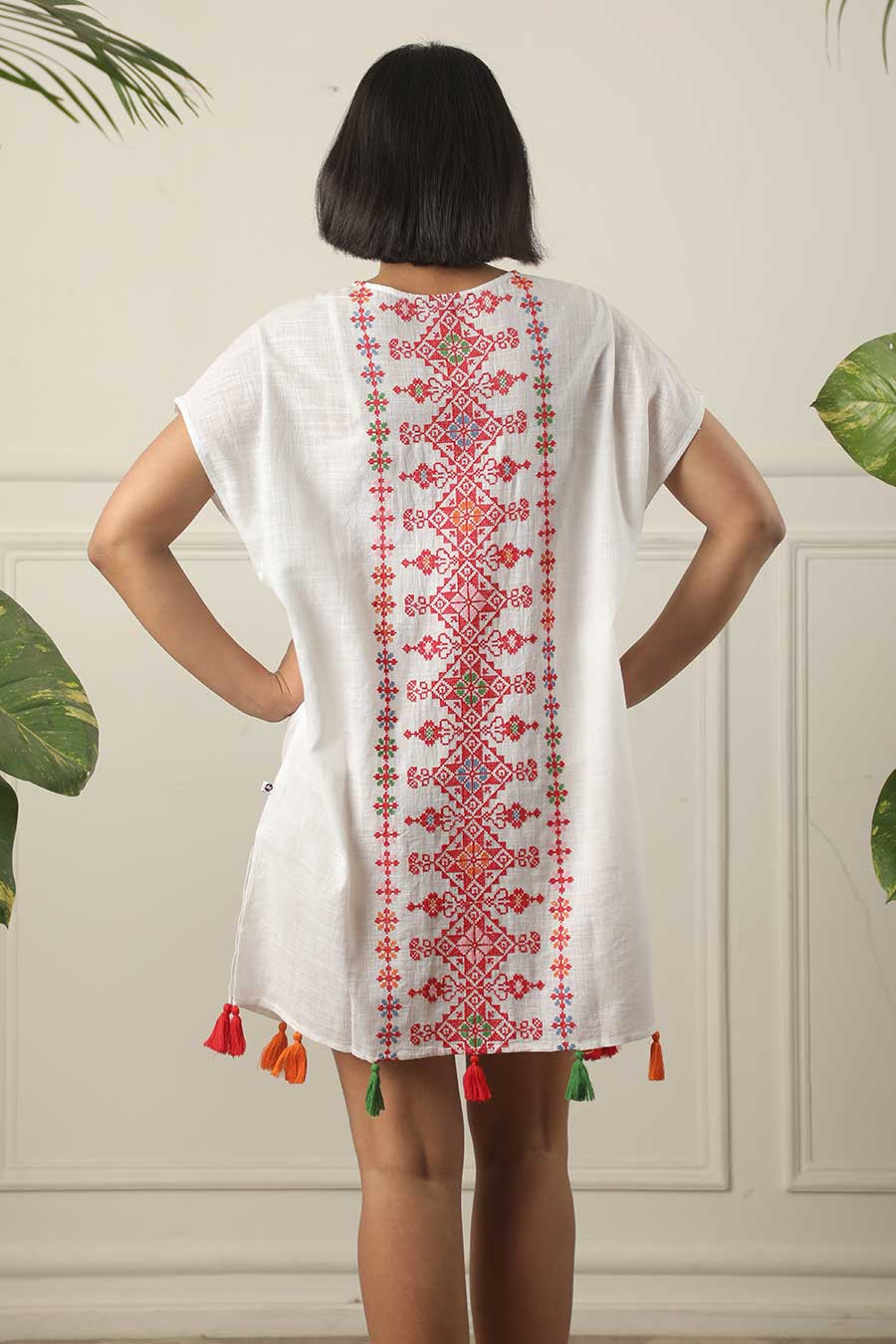 White Embroidered Short Kaftan Dress