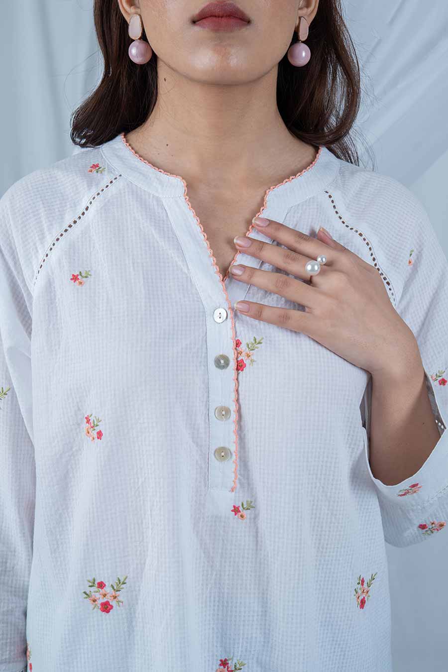 White Embroidered Gathered Top