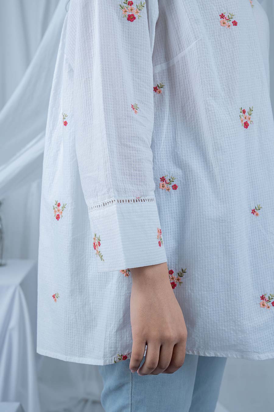 White Embroidered Gathered Top