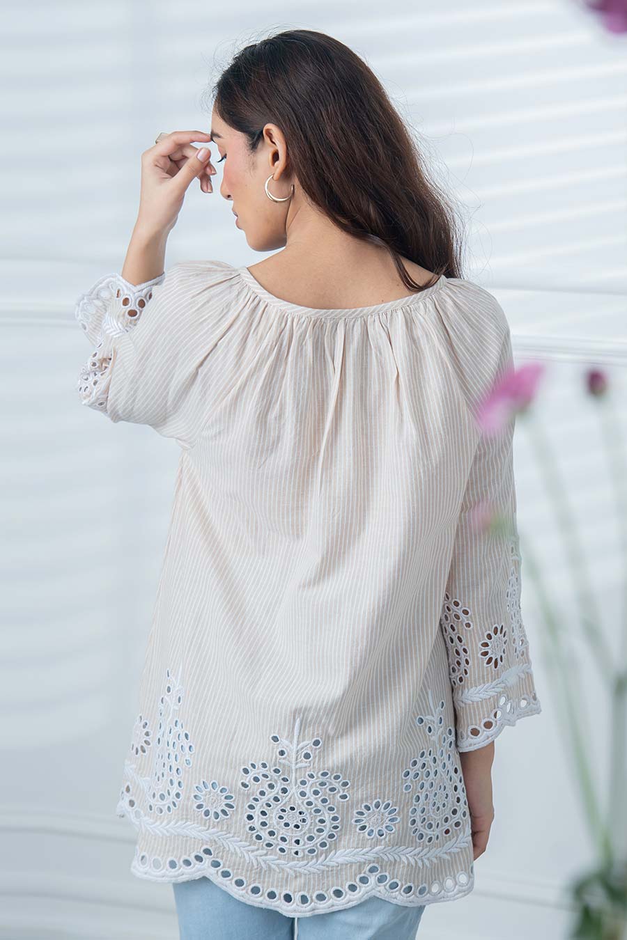 Beige Scalloped Embroidered Top