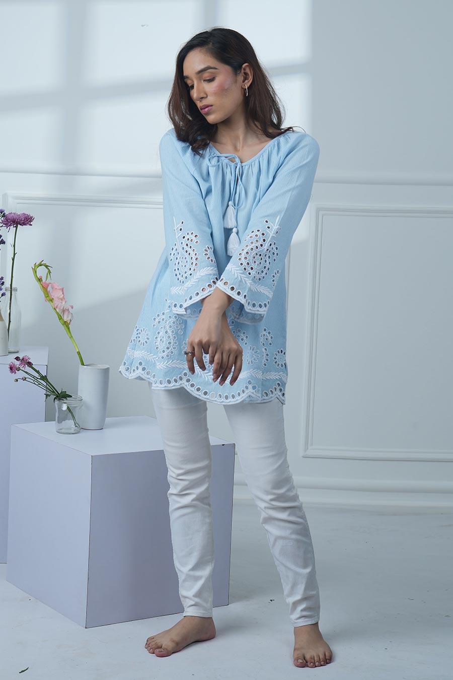 Blue Scalloped Embroidered Top