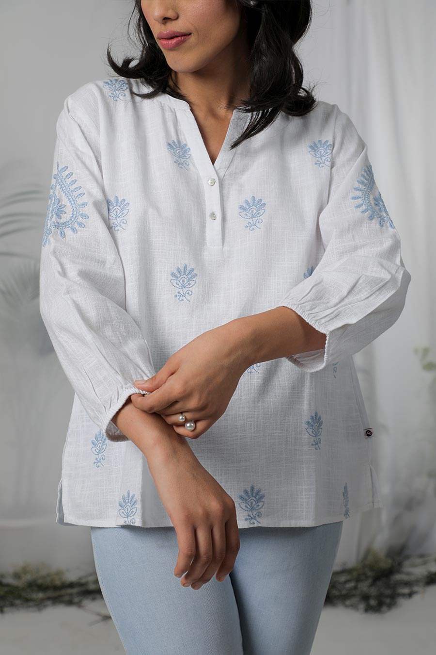 White & Blue Embroidered Top