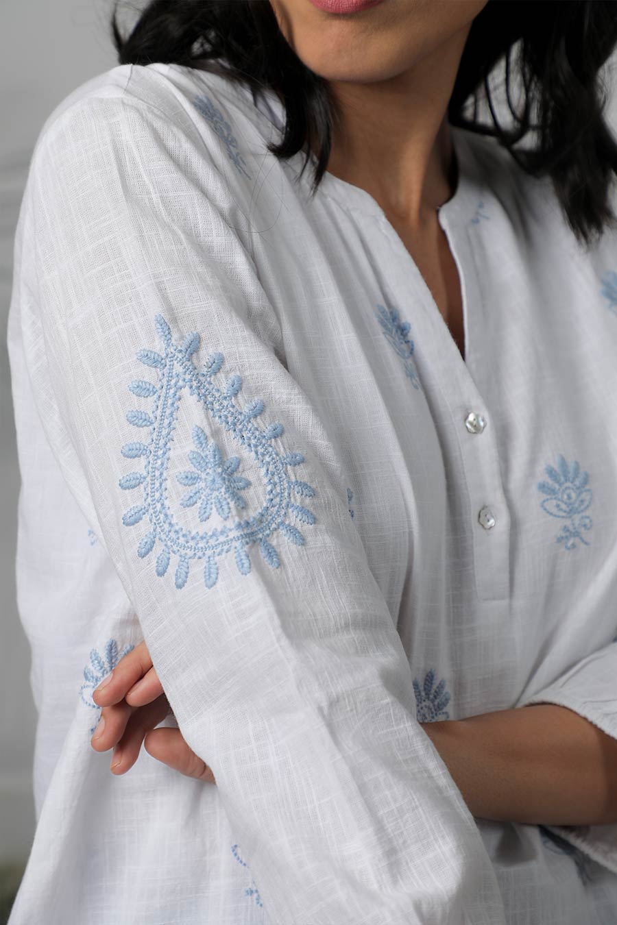 White & Blue Embroidered Top