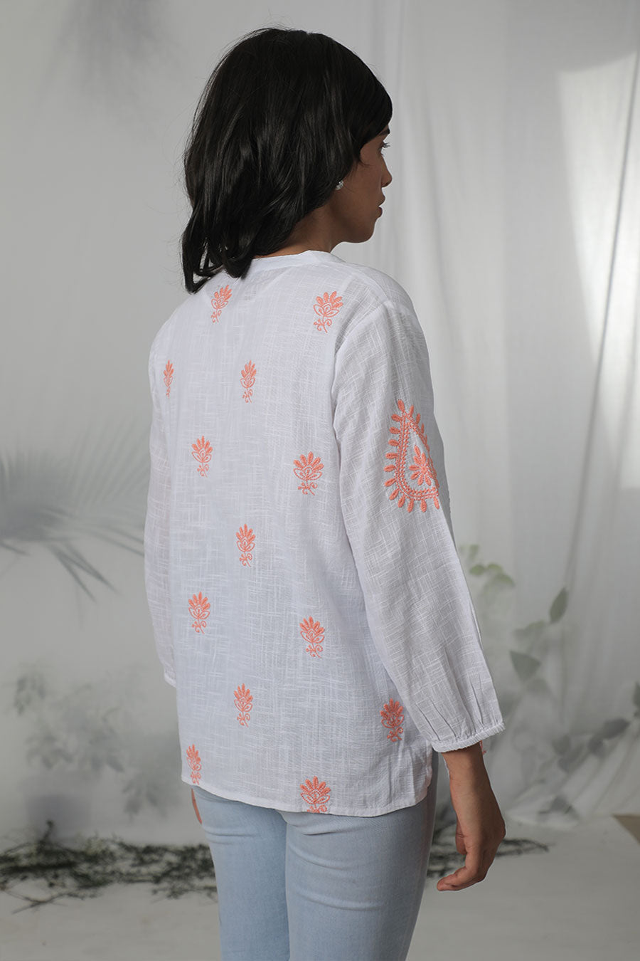 White & Orange Embroidered Top