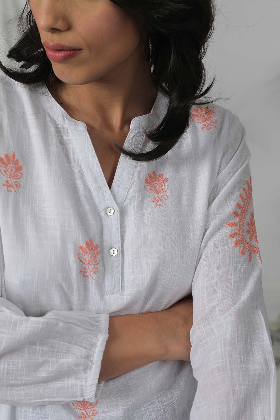 White & Orange Embroidered Top