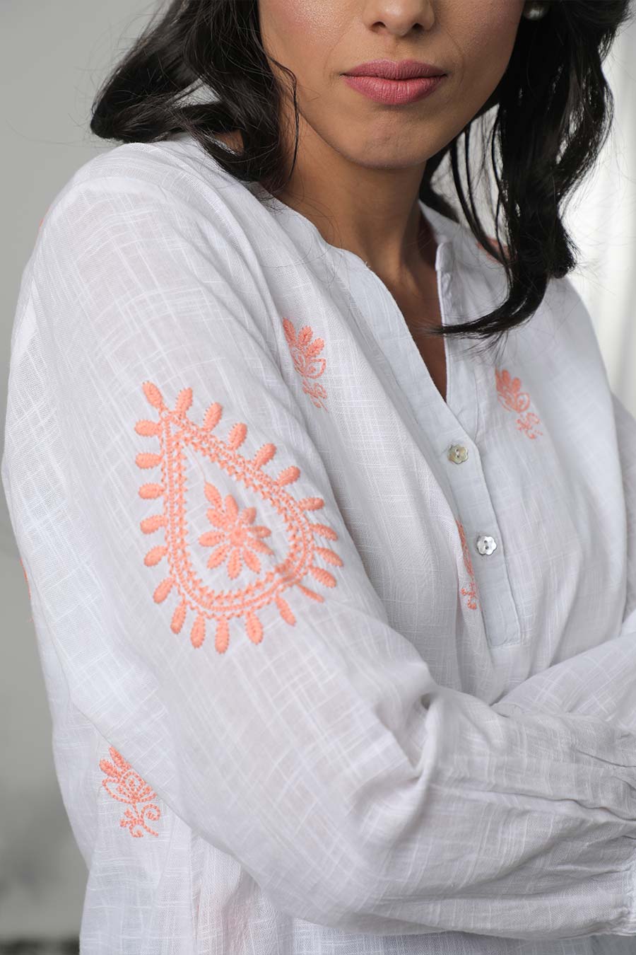 White & Orange Embroidered Top