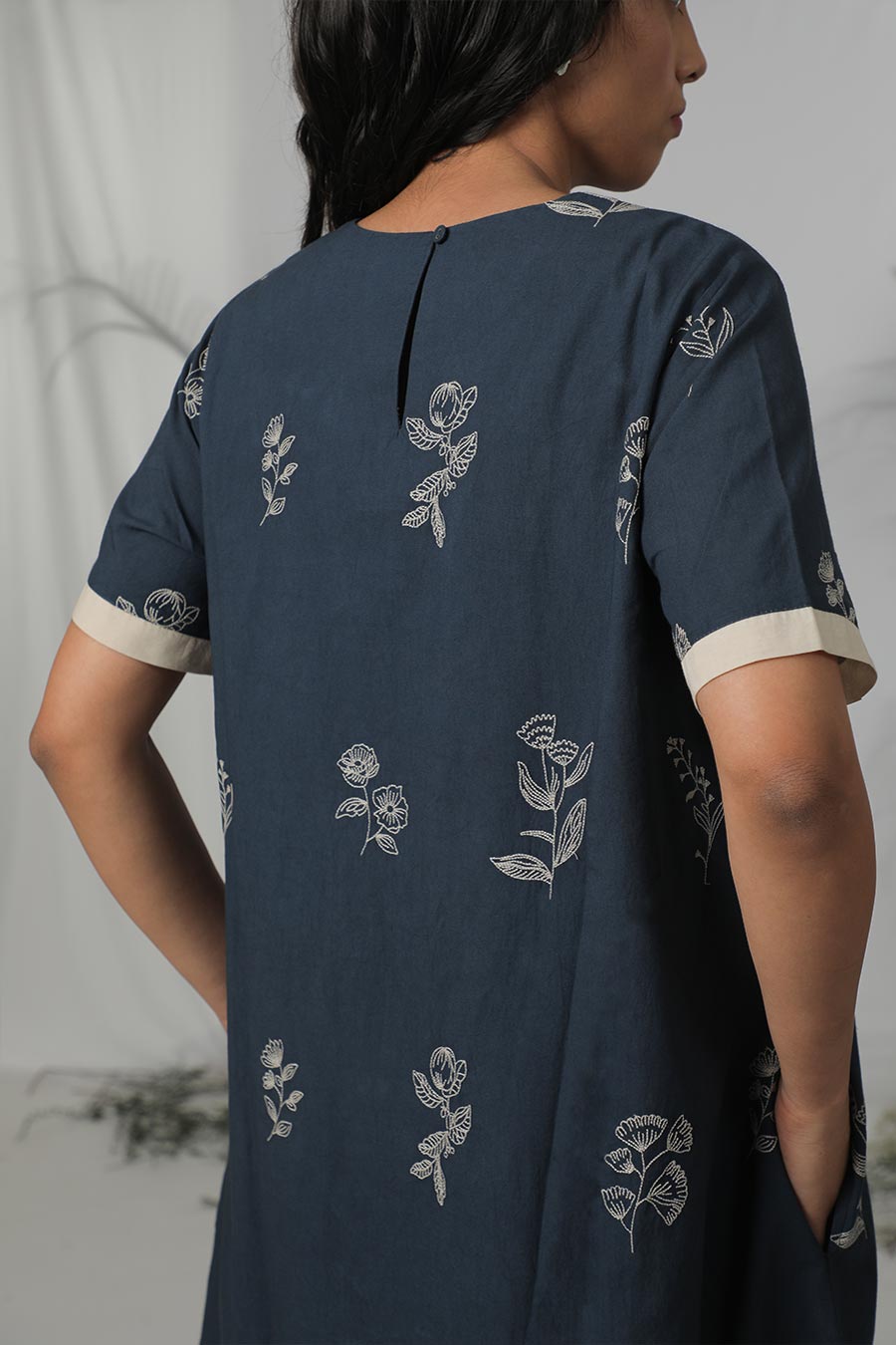 Navy Blue Cotton Embroidered Dress
