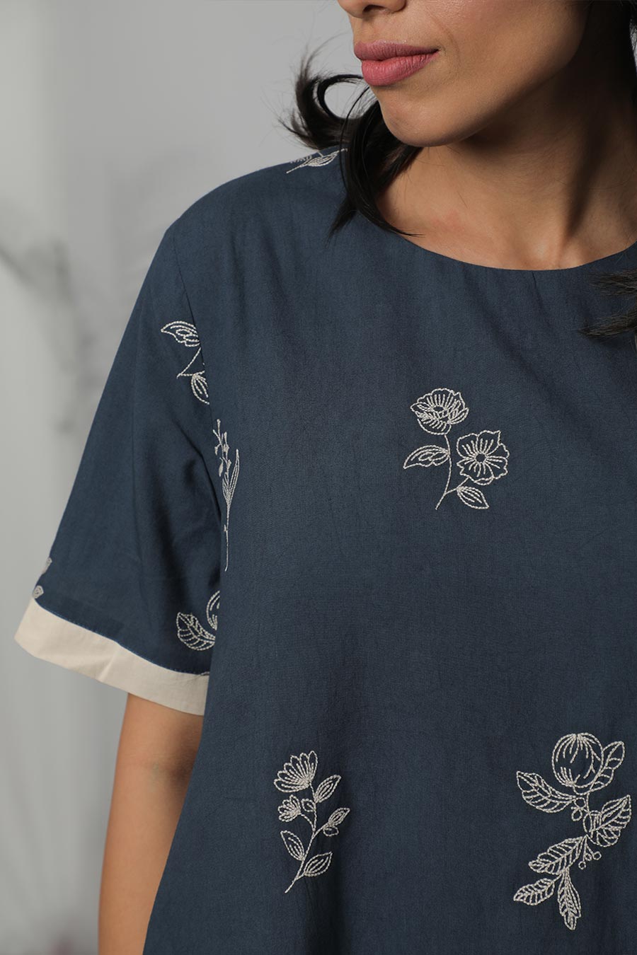Navy Blue Cotton Embroidered Dress