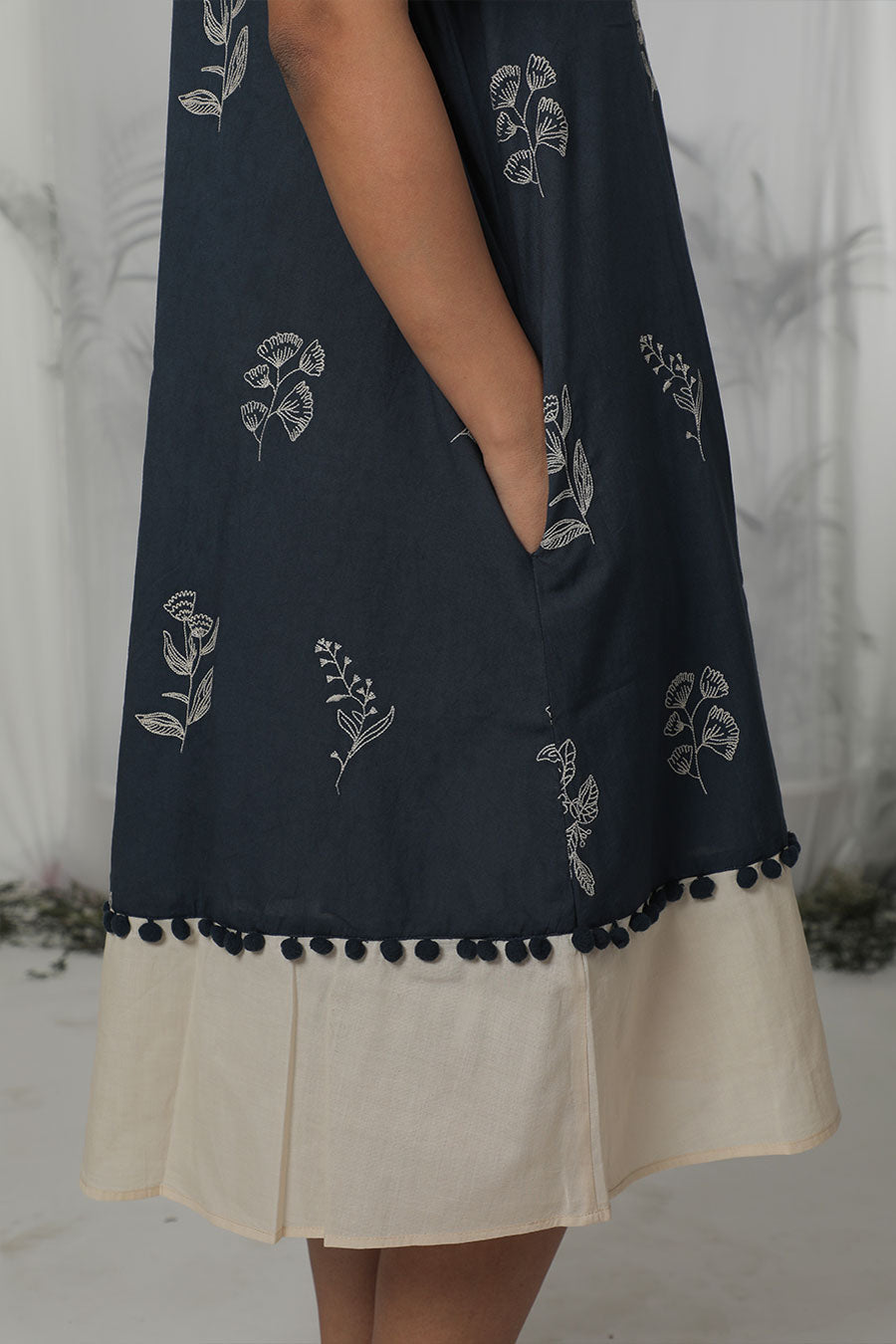 Navy Blue Cotton Embroidered Dress