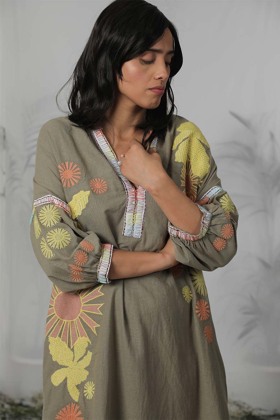 Olive Green Floral Embroidered Dress