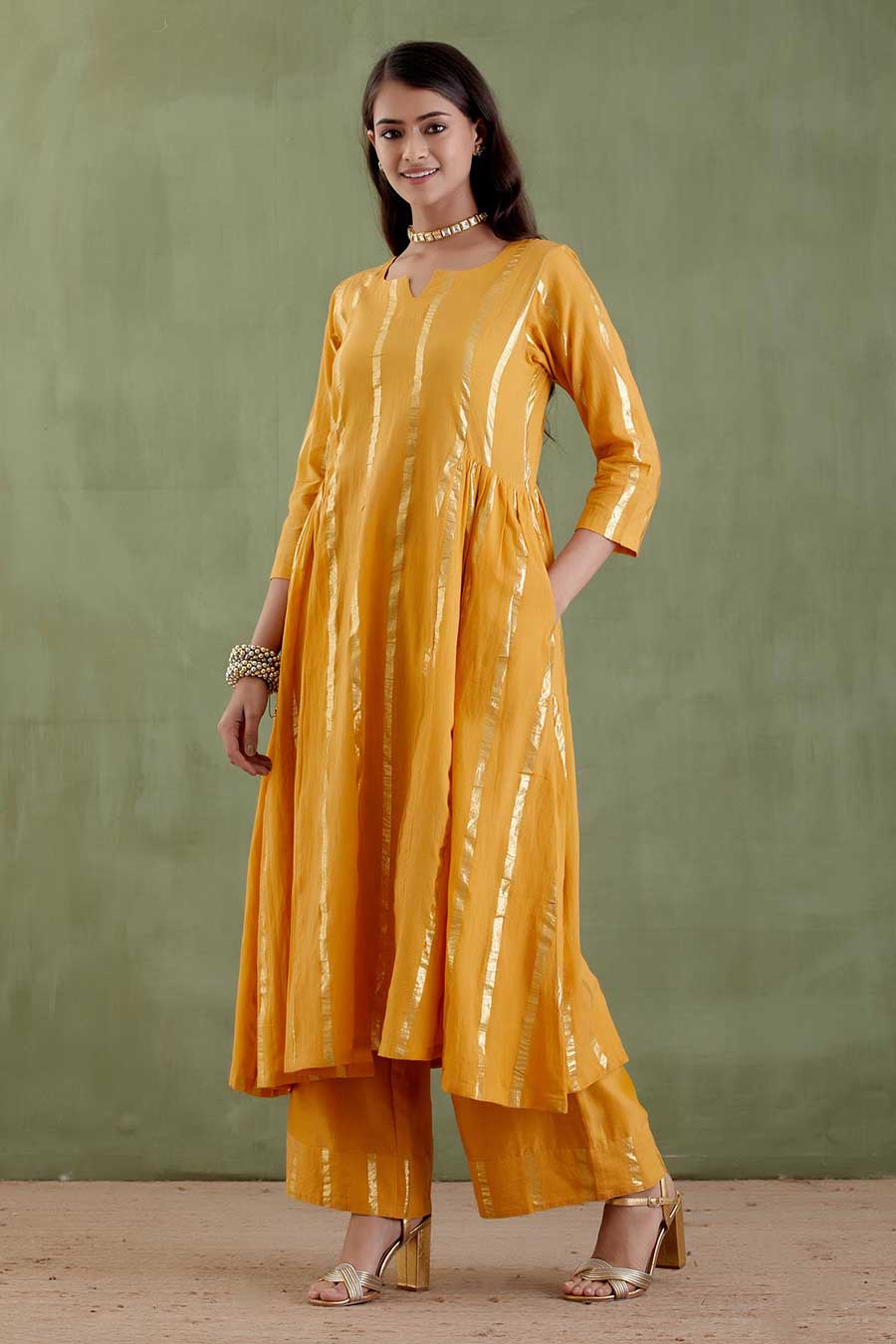 Tarabai Yellow Gathered Kurta Set