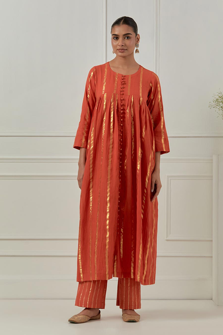 Naiki Devi Orange Cotton Lurex Kurta Set