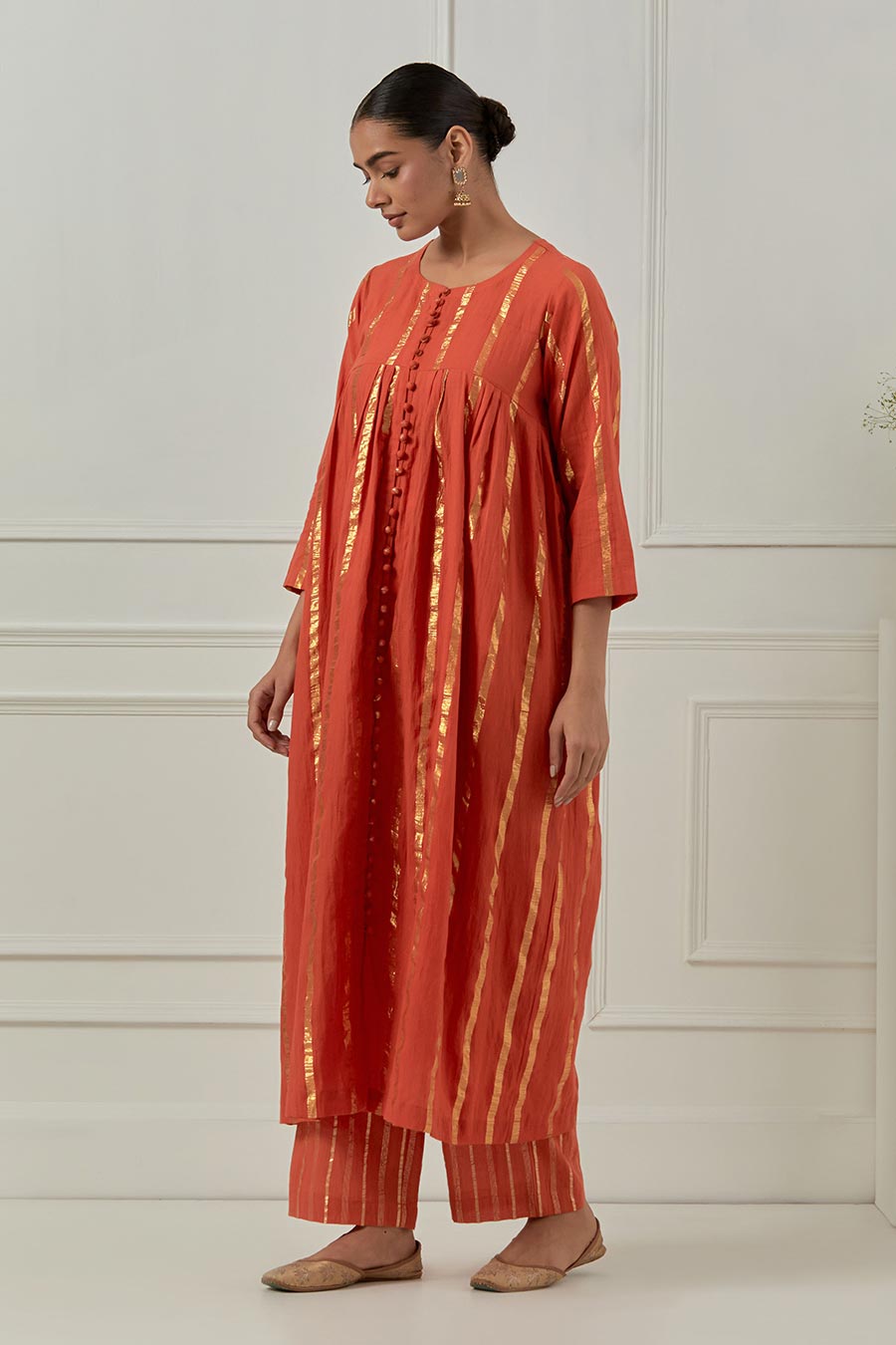Naiki Devi Orange Cotton Lurex Kurta Set