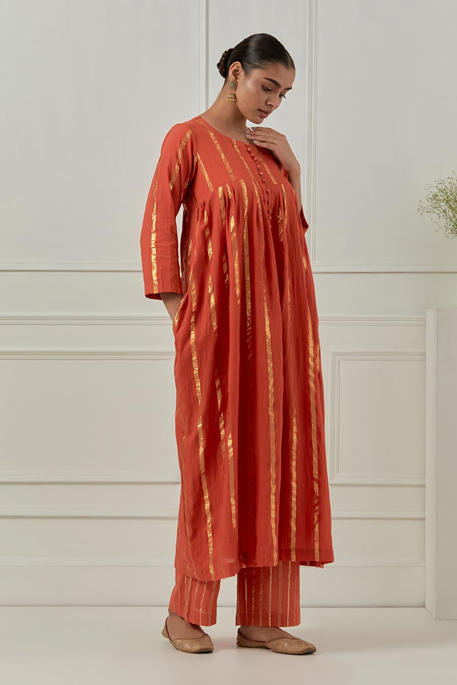 Naiki Devi Orange Cotton Lurex Kurta Set