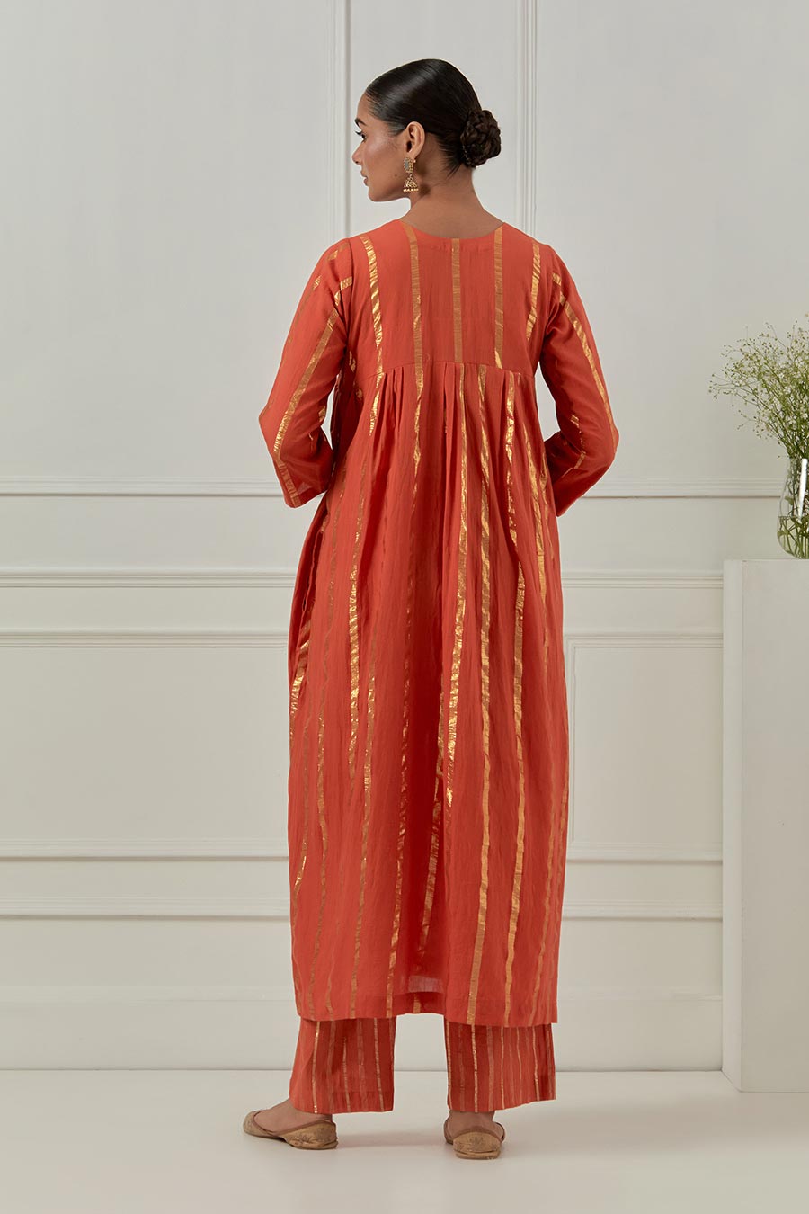 Naiki Devi Orange Cotton Lurex Kurta Set