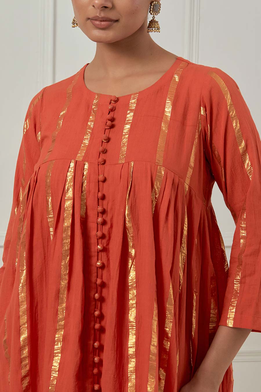 Naiki Devi Orange Cotton Lurex Kurta Set