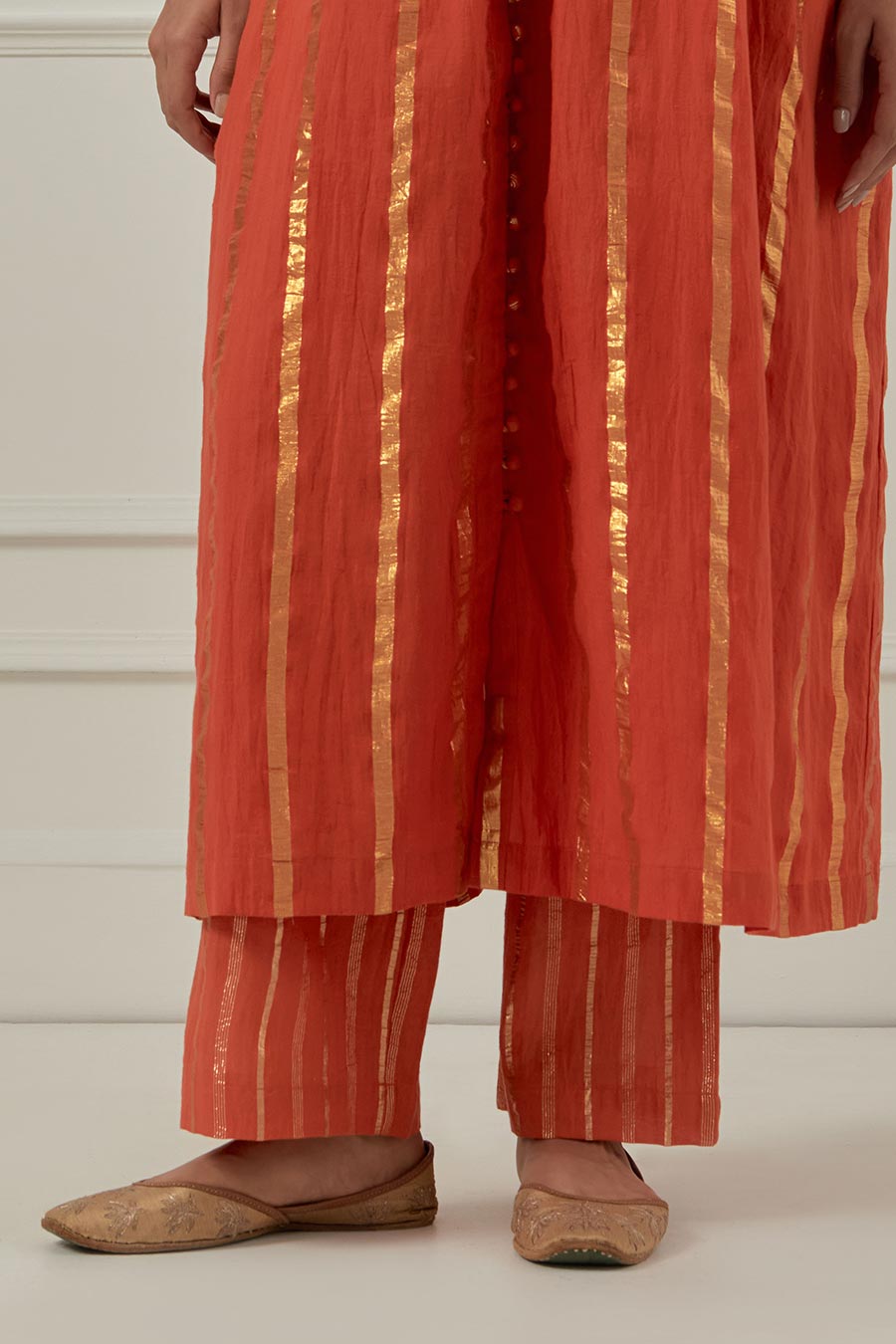 Naiki Devi Orange Cotton Lurex Kurta Set