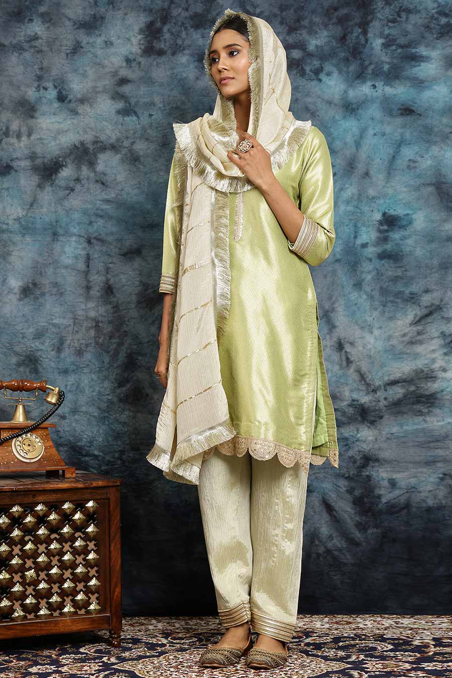 Green Banarasi Silk Kurta Set