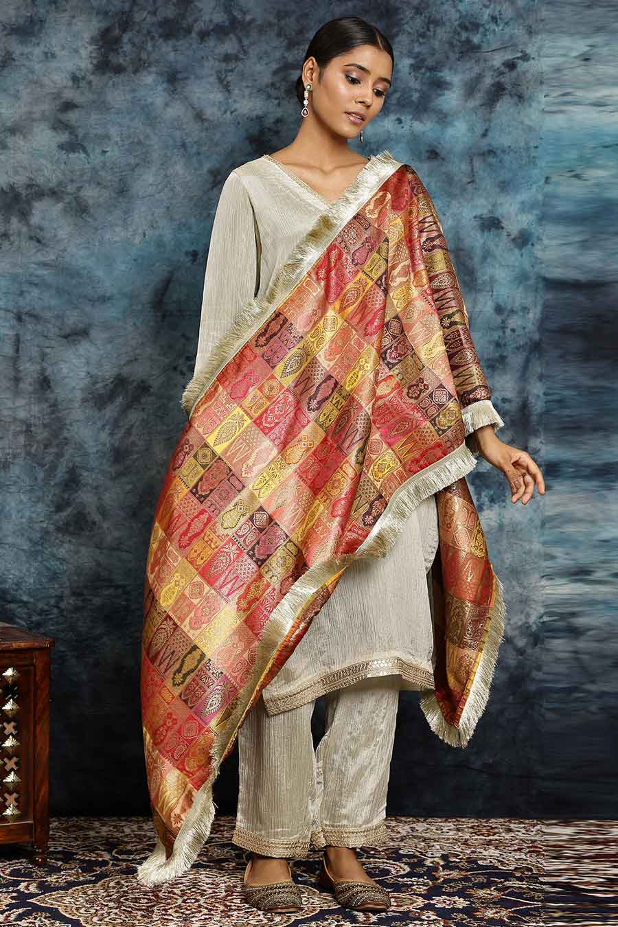 Light Golden Crushed Tissue Kurta Set