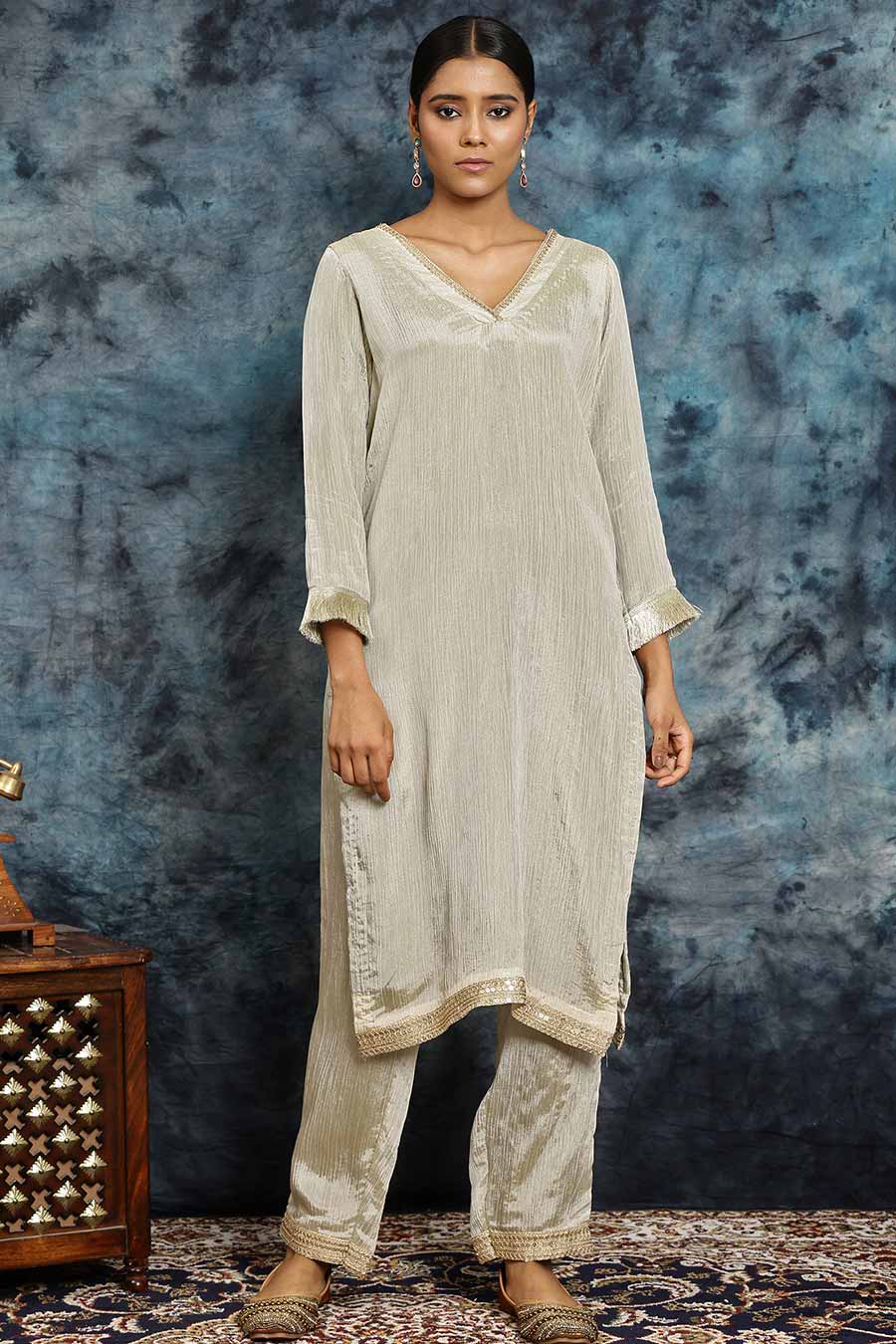 Light Golden Crushed Tissue Kurta Set