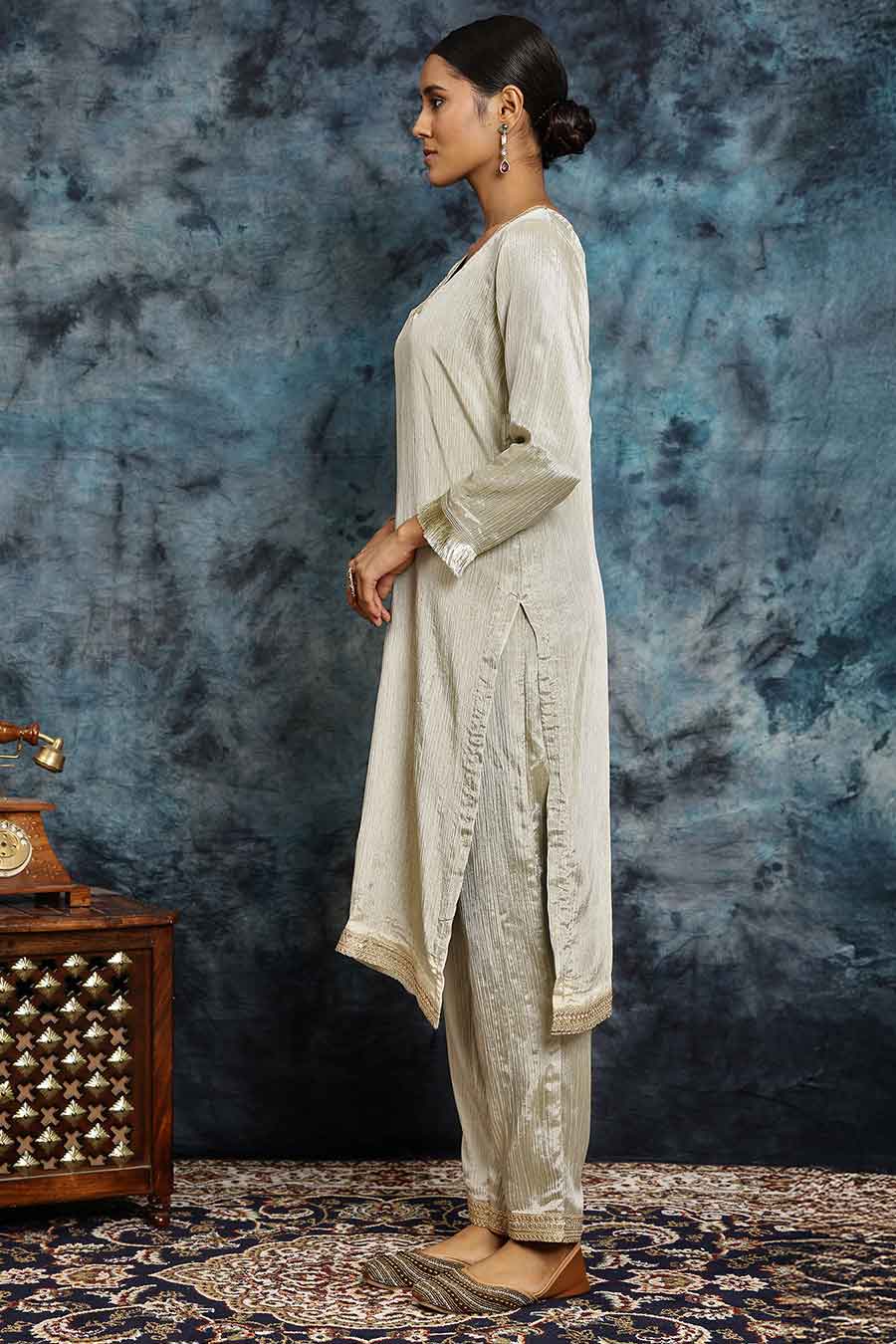 Light Golden Crushed Tissue Kurta Set