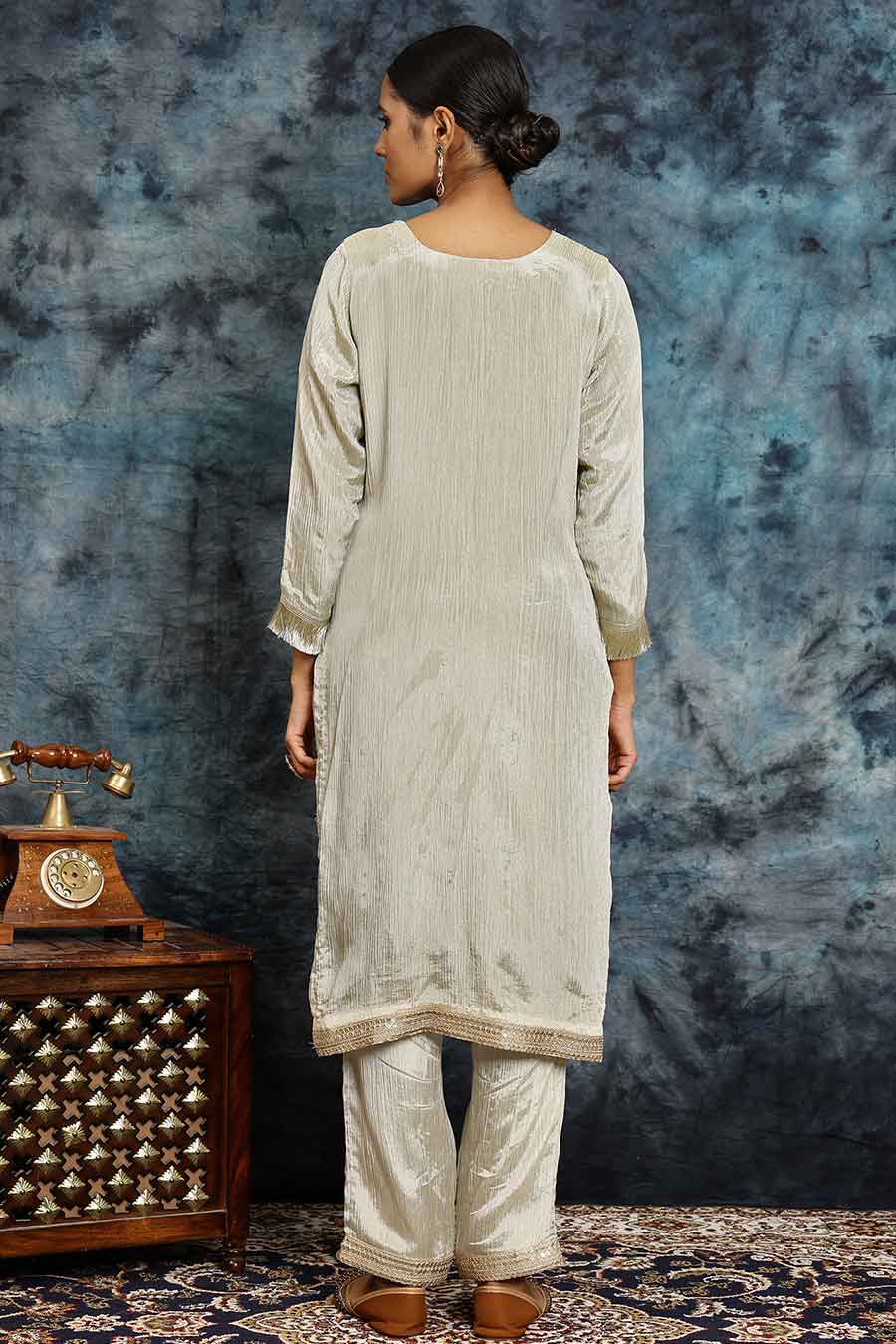 Light Golden Crushed Tissue Kurta Set