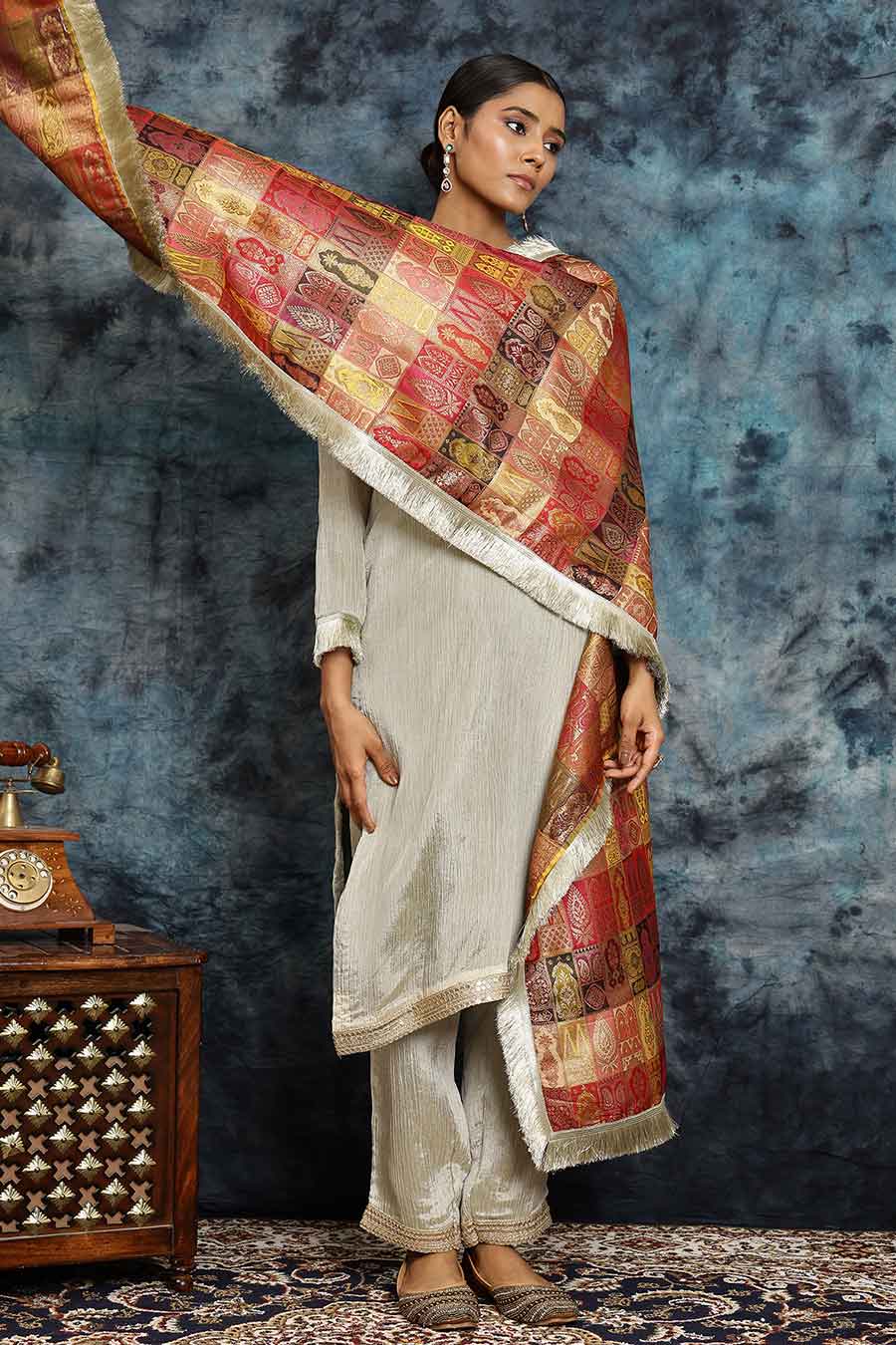 Light Golden Crushed Tissue Kurta Set