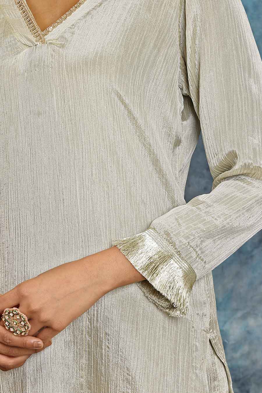 Light Golden Crushed Tissue Kurta Set