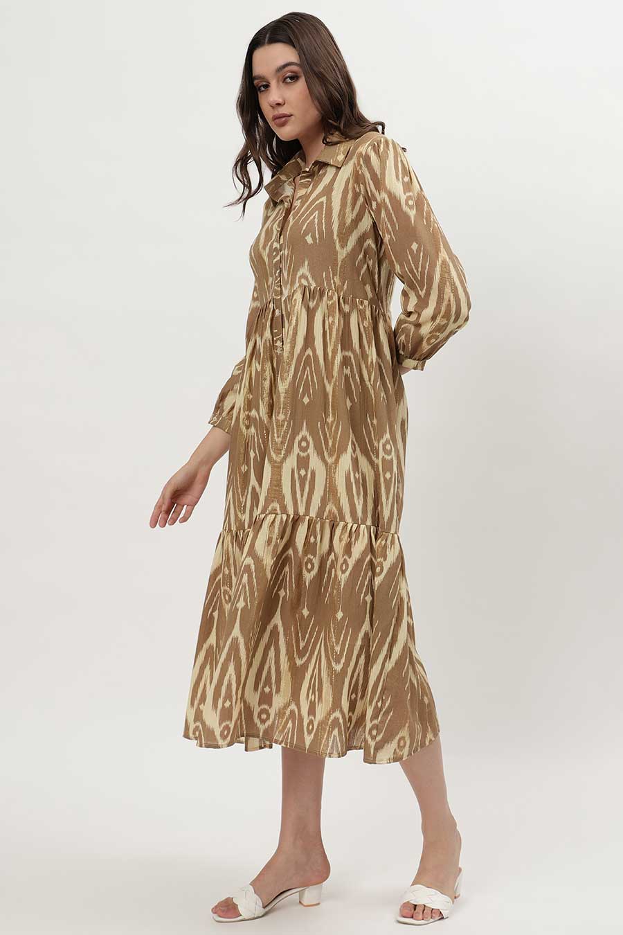 Brown Lurex Ikat Printed Tiered Dress