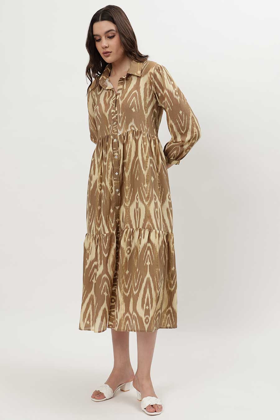 Brown Lurex Ikat Printed Tiered Dress