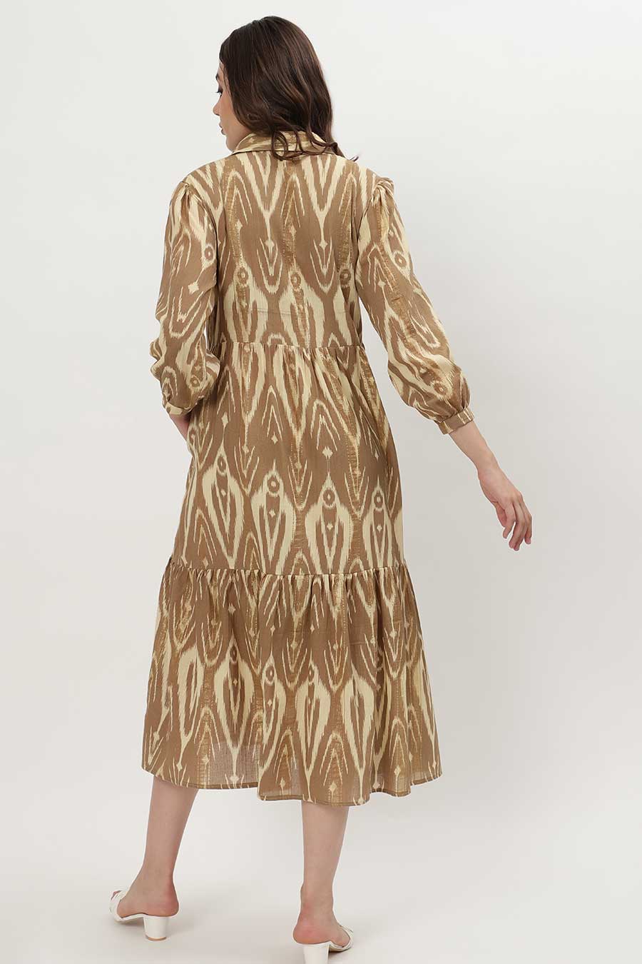 Brown Lurex Ikat Printed Tiered Dress