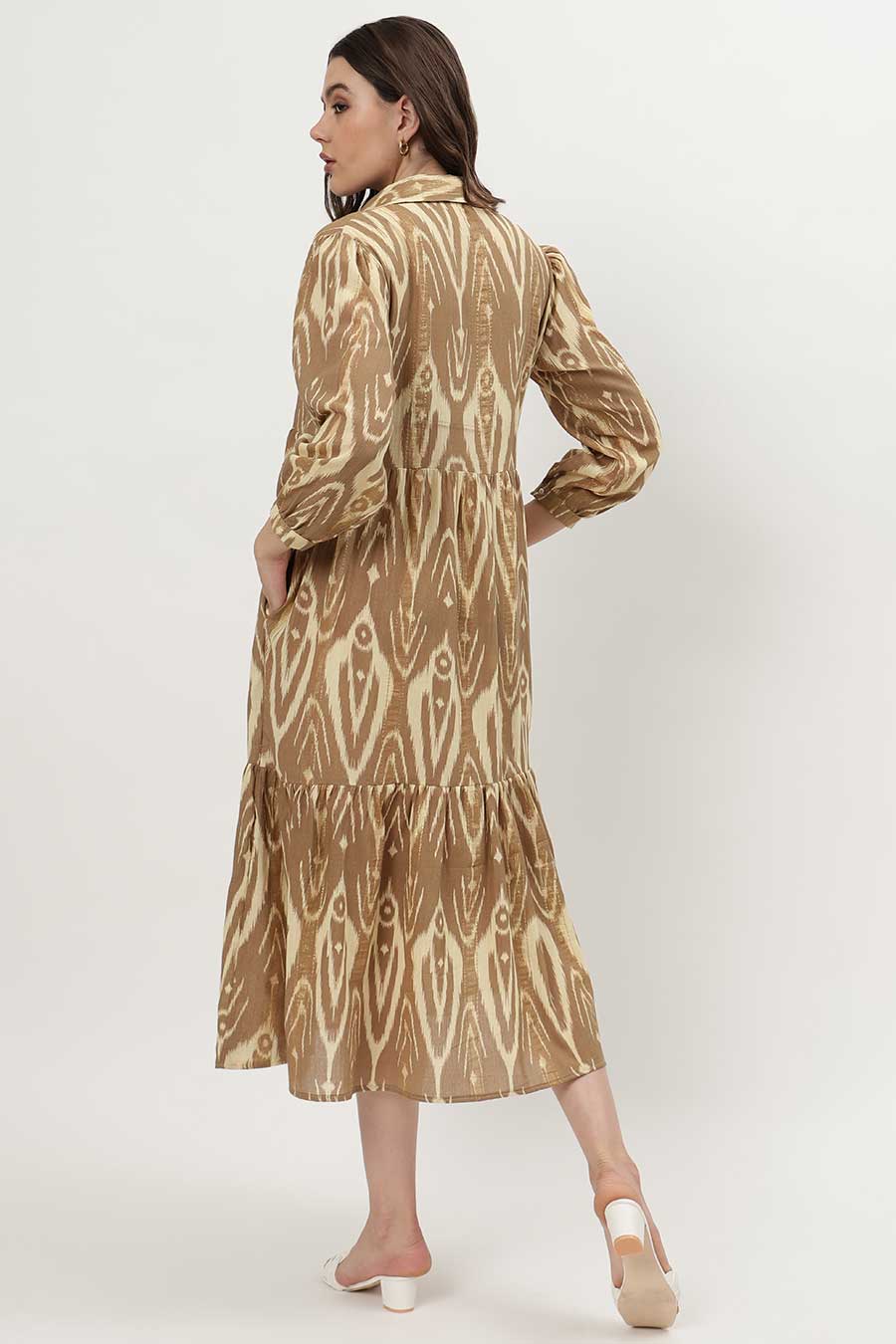 Brown Lurex Ikat Printed Tiered Dress