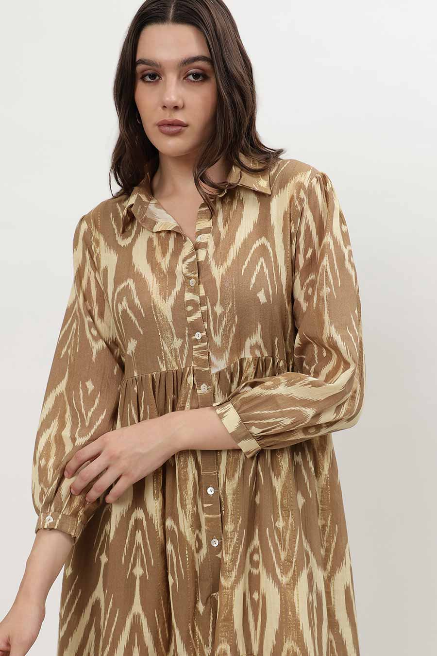 Brown Lurex Ikat Printed Tiered Dress