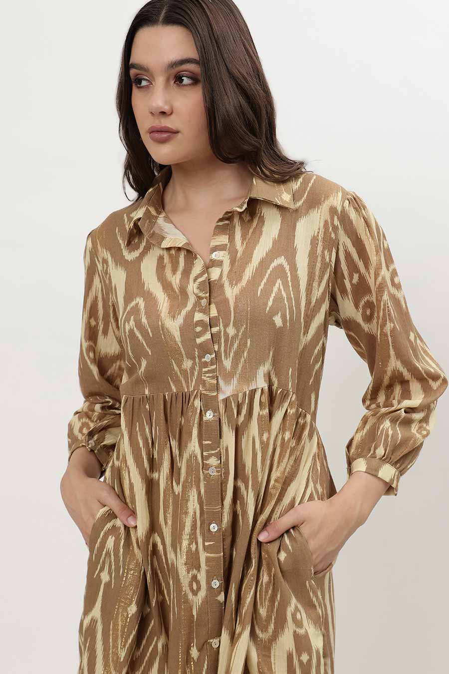 Brown Lurex Ikat Printed Tiered Dress