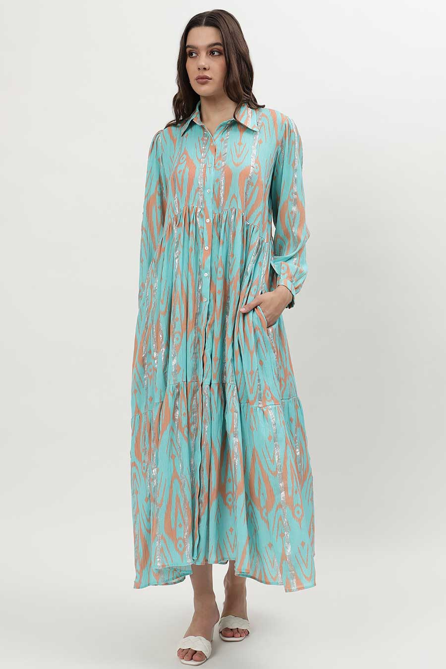 Light Blue Lurex Ikat Printed Midi Dress