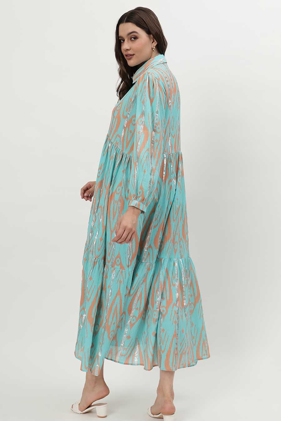 Light Blue Lurex Ikat Printed Midi Dress